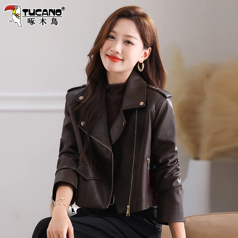 啄木鸟咖色皮衣外套女2026新款春秋洋气修身显瘦小个子短款皮夹克