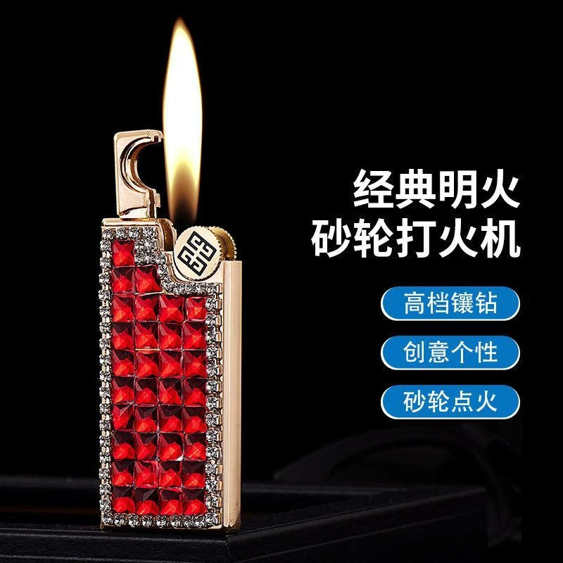 新款镶嵌彩色钻石纤薄金属机身充气砂轮明火打火机货源