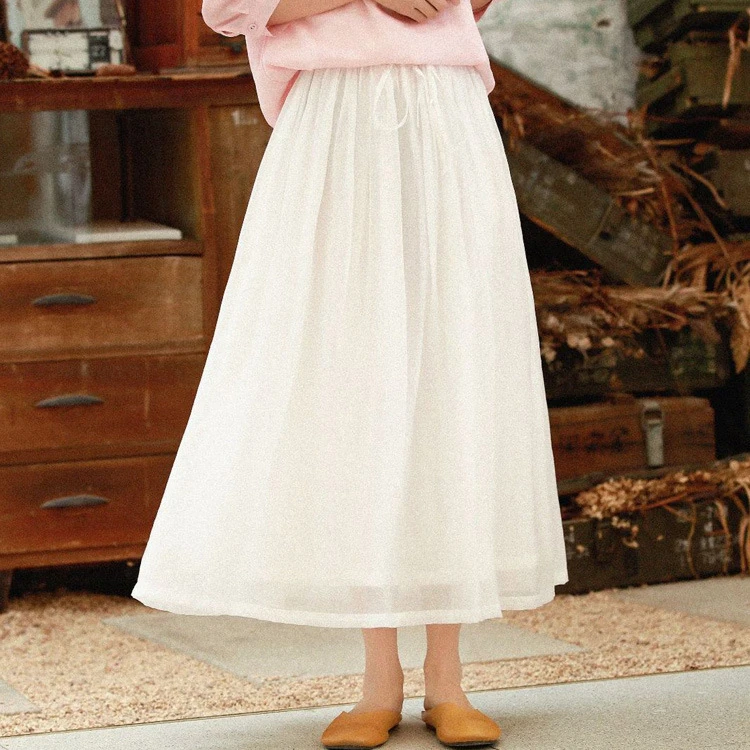 半身裙文艺飘逸天丝麻大摆a字裙中长款度假系带裙子5010