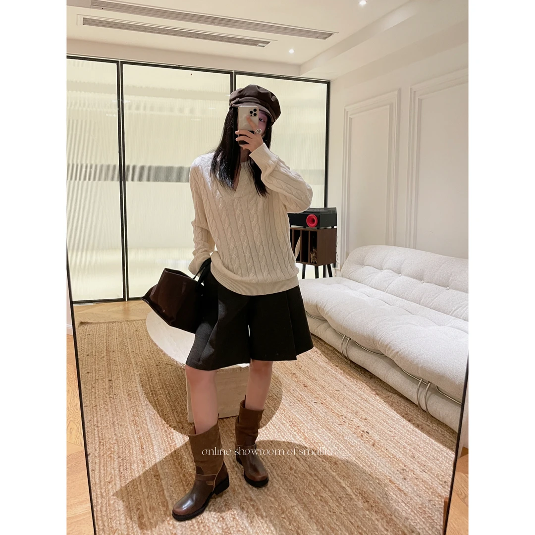 SMALLIU 老钱风秋冬针织V领百搭麻花毛衣