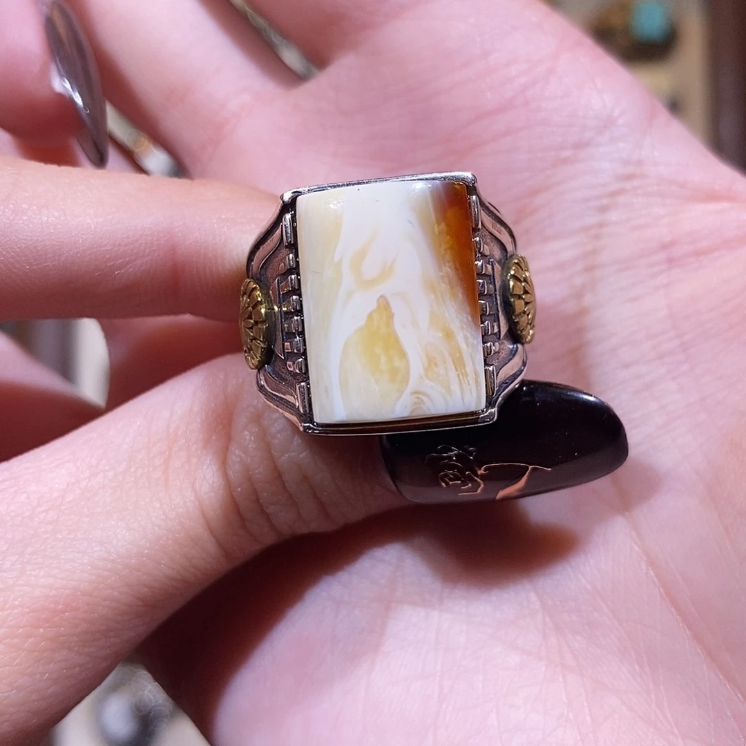 琥珀戒指银S925镶嵌C*戒指