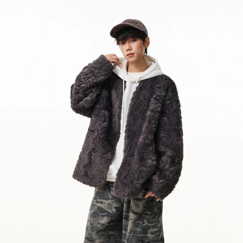 深灰色仿皮草外套男秋冬潮牌一体绒加厚保暖夹克复古宽松短款大衣