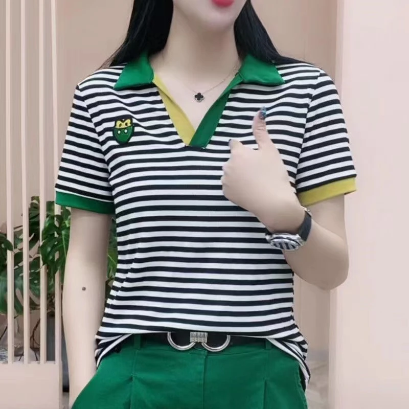 夏季短袖翻领小衫条纹t恤女士洋气百搭休闲妈妈装减龄