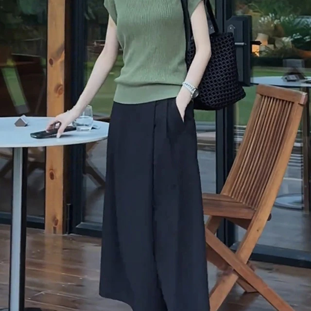 夏天搭配一整套时尚简约镂空设计感短袖针织衫女高腰显瘦阔腿裤裙