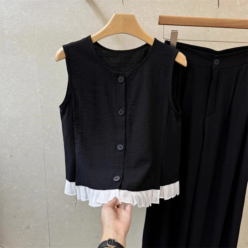 百搭休闲亚麻3205阔腿长裤两件套新款无袖荷叶边上衣两件套套装