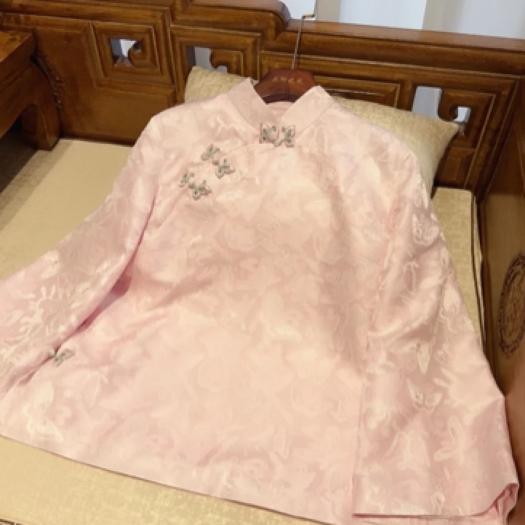 新品粉色蝴蝶四绞角罗新中式上衣真丝桑蚕丝盘扣立领宽松显瘦外套