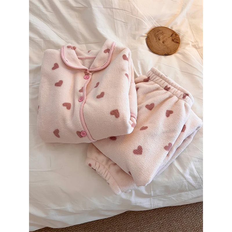 甜美风少女爱心印花法兰绒长袖睡衣女秋冬季新款家居服套装可外穿