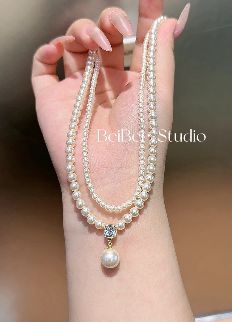 铜合金仿珍珠项链 双层戴妃珠3mm+5mm颈链小众百搭长款轻奢锁骨链