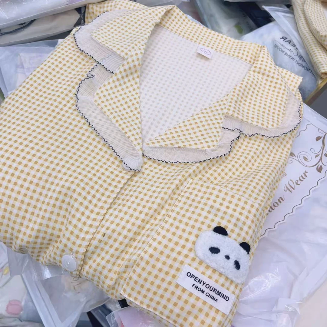 【H057】春秋款黄格熊猫长袖长裤+胸垫【开衫款】