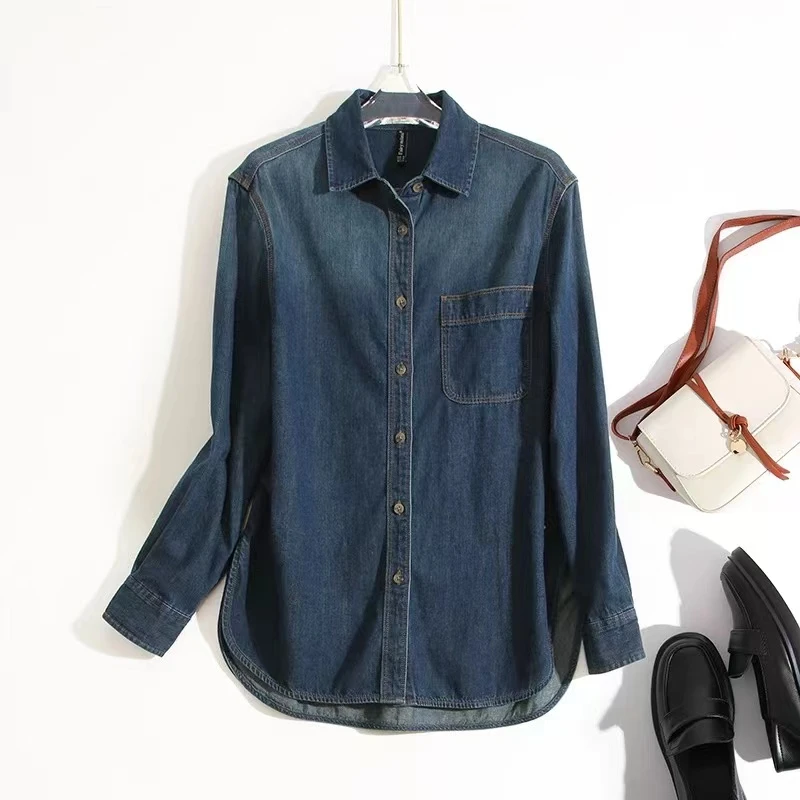 SHIDAN植物棉港风复古渐变色牛仔衬衫