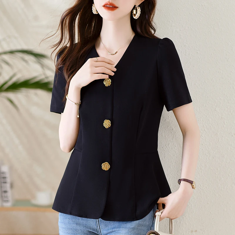 大码女装气质V领短袖百搭T恤夏季2025新款减龄显瘦小香风遮肚上衣