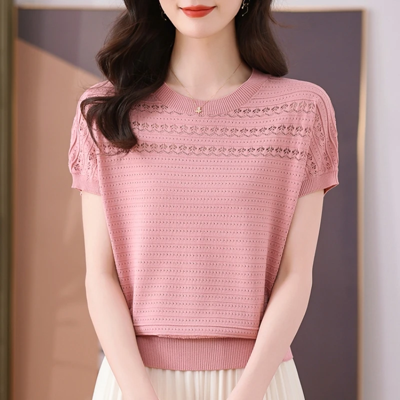 清凉夏季时尚圆领短袖t恤女式休闲百搭宽松透气凉感薄款针织上衣