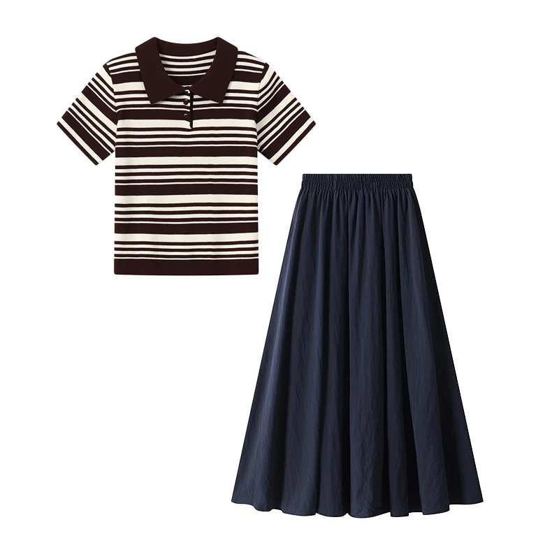 夏装搭配一整套女针织条纹短袖POLO衫半身裙休闲时尚两件套装2321