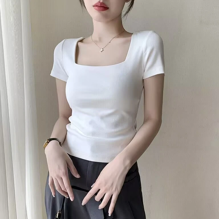 95%棉5%氨纶2025夏季新款方领正肩短袖T恤女百搭纯色弹力修身显瘦