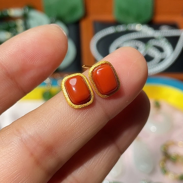 南红玛瑙银S925镶嵌耳饰