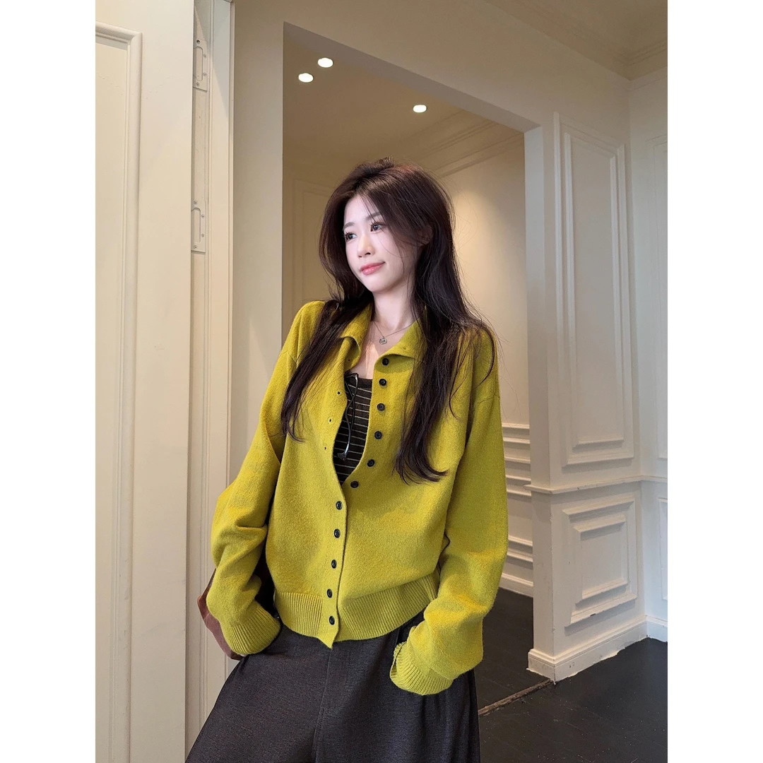 立领长袖针织外套女2025秋冬新款慵懒风单排扣宽松复古chic毛衣潮