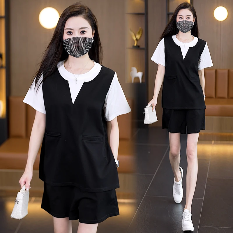 2025夏季新款假两件拼接短袖上衣+短裤两件套宽松显瘦气质套装