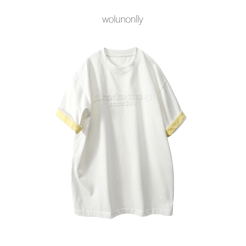 夏季平替极简立体浮雕刺绣字母水洗圆领短袖T恤男士袖口撞色拼接