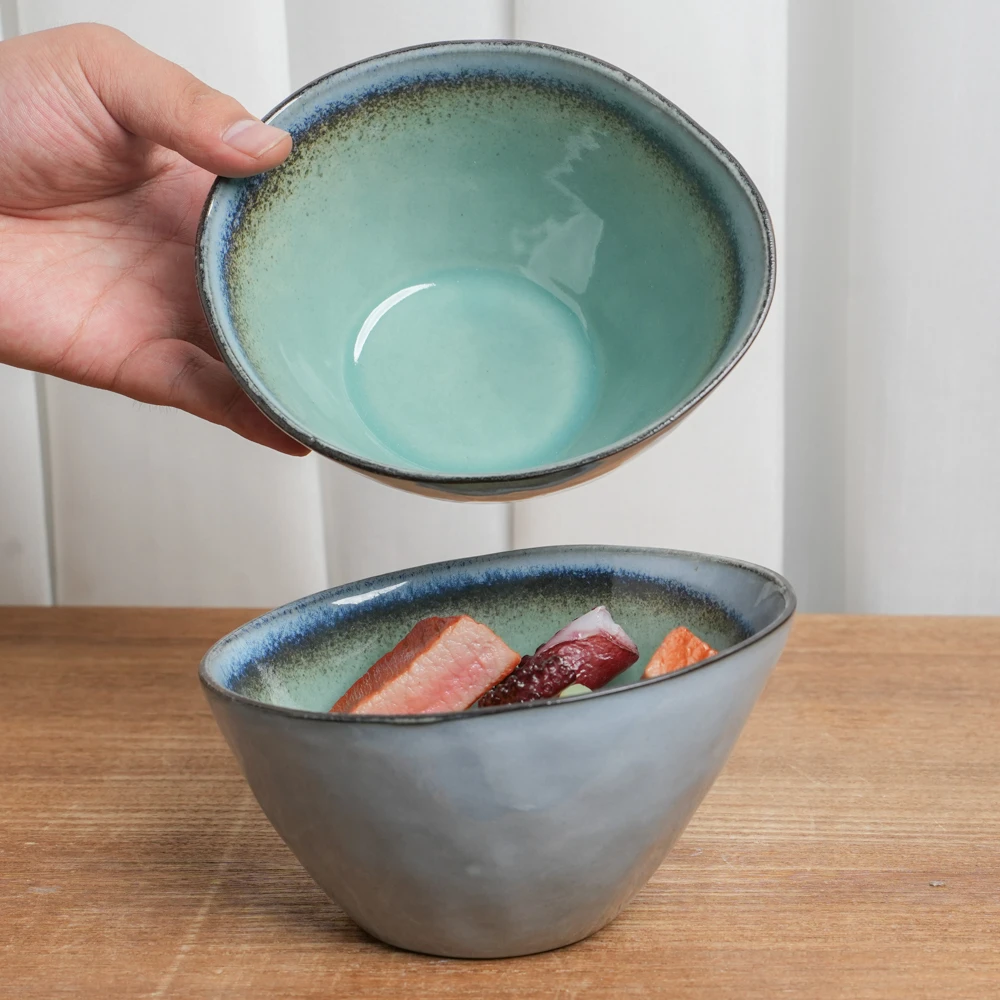【瑕疵】水果碗釉下彩陶瓷碗窑变蓝绿异形高颜值点心碗家用V架底