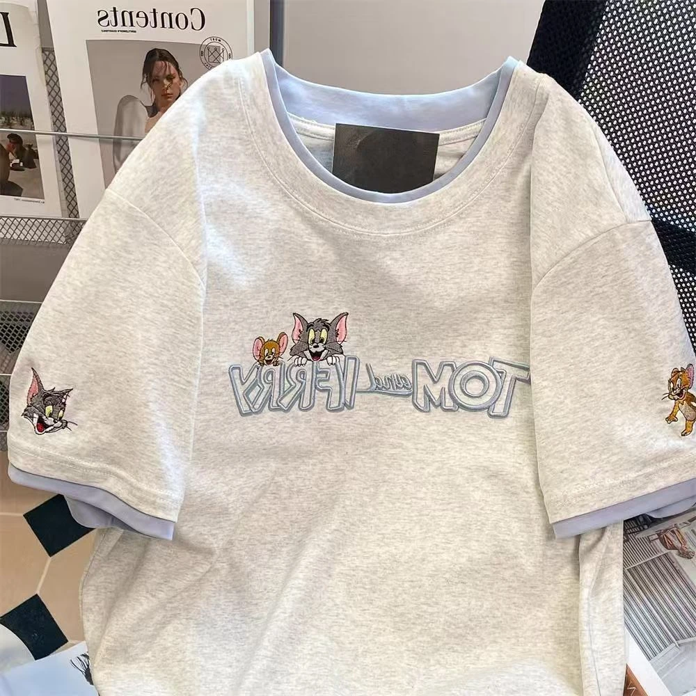 小众卡通刺绣猫和老鼠短袖T恤男女夏假两件撞色减龄休闲上衣