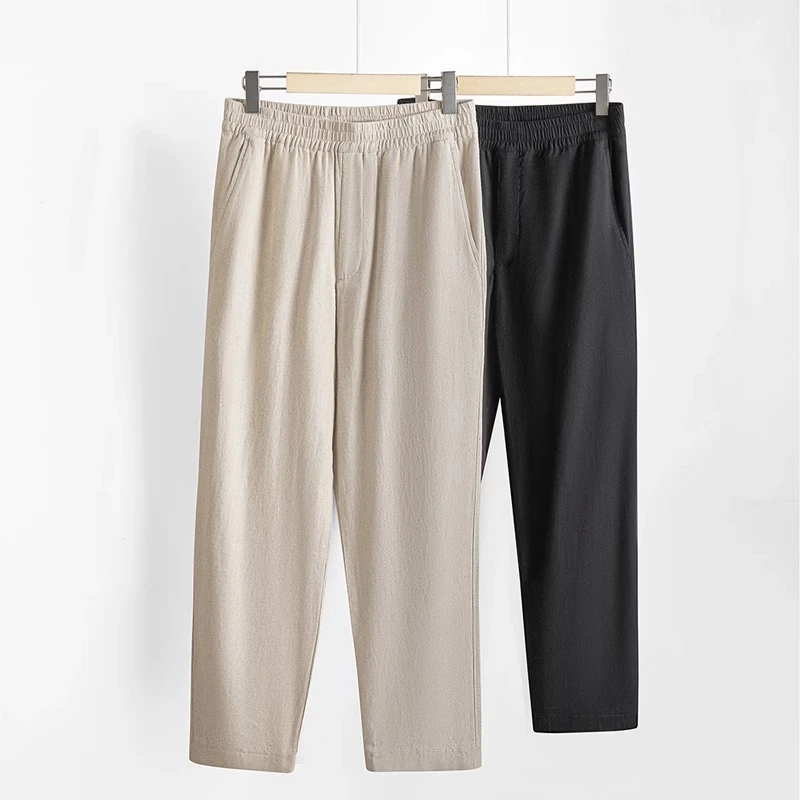 纯色亚麻松紧腰休闲裤春夏新款百搭宽松长裤时尚简约直筒透气裤子