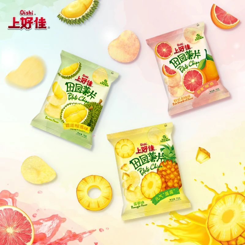 上好佳田园薯片新品榴莲菠萝柚子多种口味零食解馋追剧水果味薯片