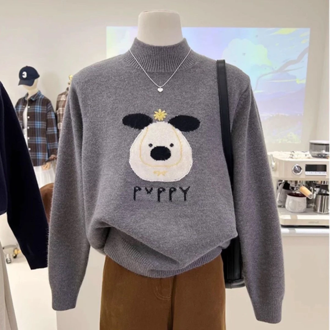 宽松显瘦【80-200斤】半高领卡通提花针织衫毛衣女秋冬季小众上衣女