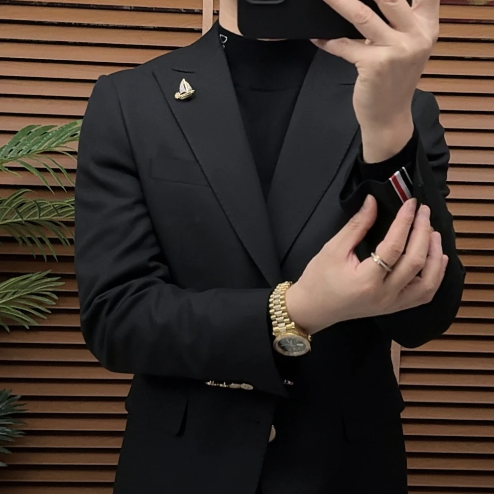 男士秋冬西装黑色小西装新款修身型小西服上装韩版戗驳领潮流正装
