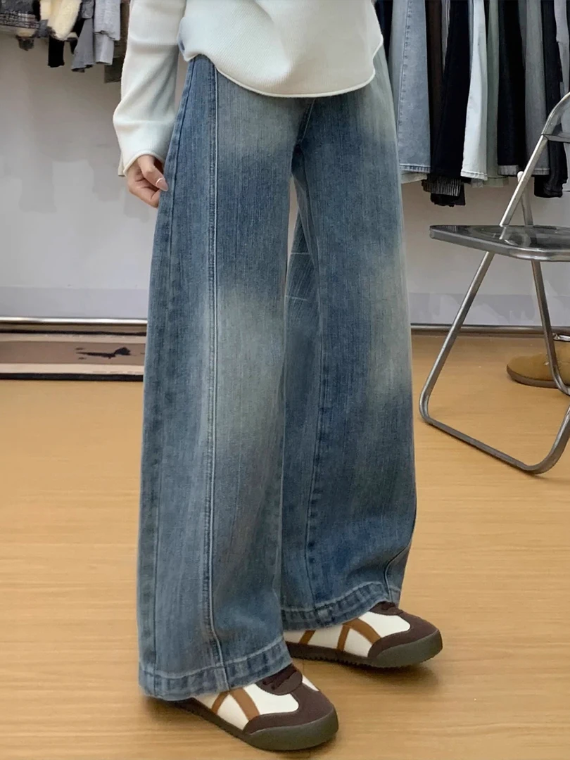美式复古阔腿牛仔裤女秋季新款胖妹妹mm高腰宽松显瘦直筒阔腿长裤