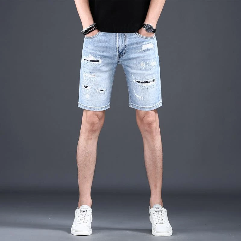 夏季高端破洞牛仔短裤男士薄款潮流痞帅中裤休闲直筒五分裤男潮款