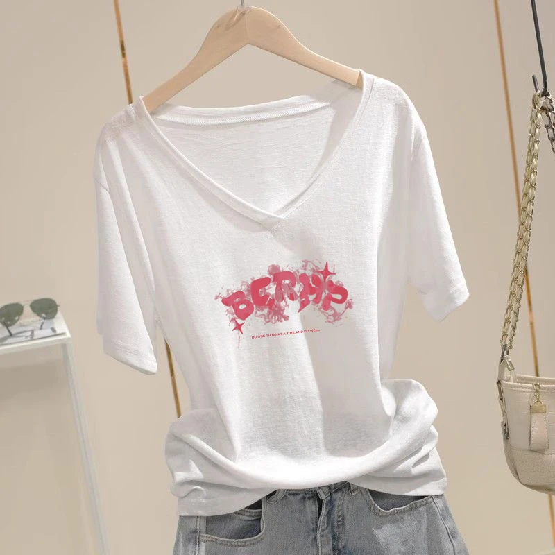 设计感印花V领夏装2025夏季新款雪花棉薄款短袖韩版洋气大码上衣