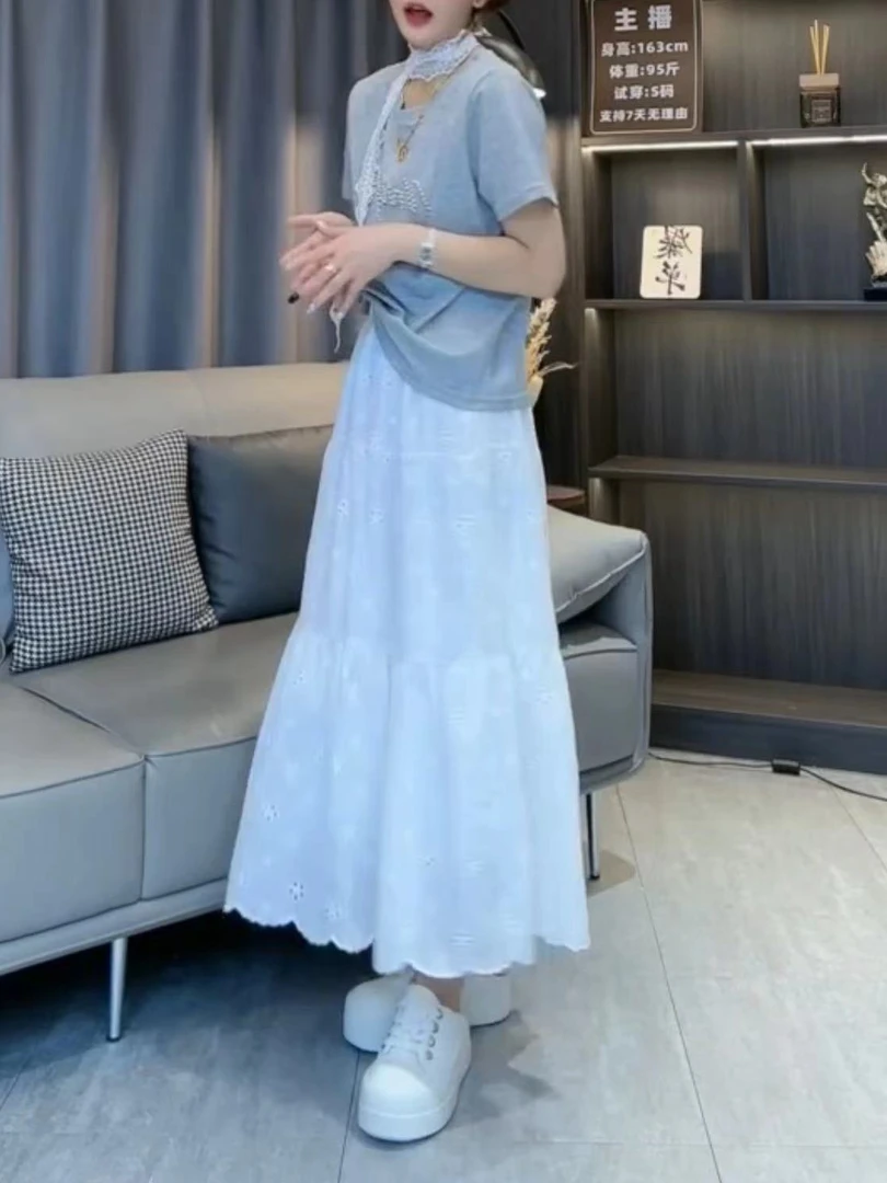 高腰A字裙半裙蓬蓬裙中长款百搭纱裙初恋减龄半身裙O型镂空