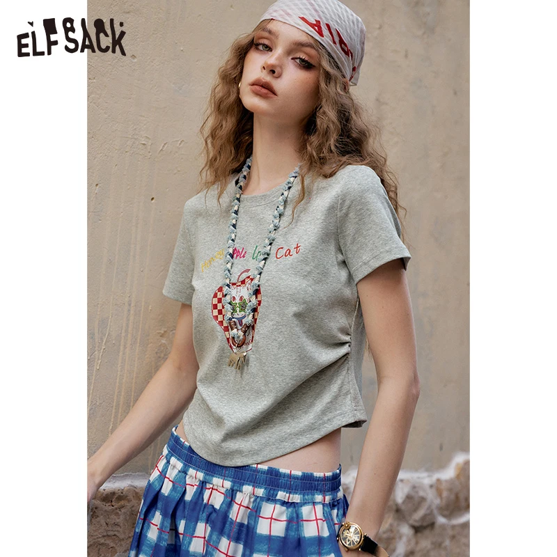 【芋总】妖精的口袋白色水果印花抽褶正肩短袖t恤女2025年