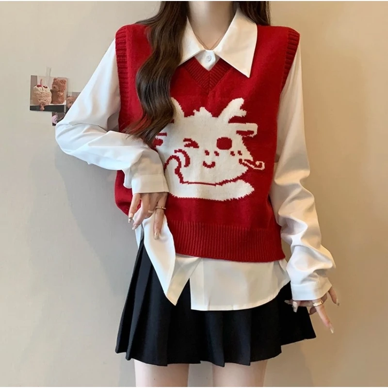 固质本命年新年红色针织马甲+小个子叠穿polo领衬衫上衣两件套女