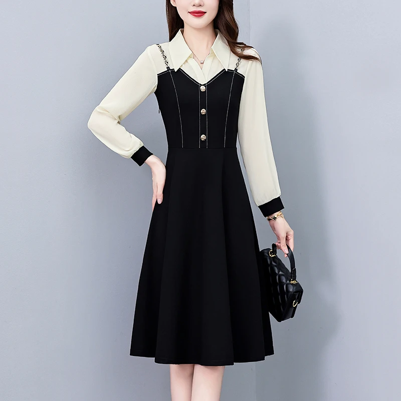 假两件套修身中长款大码女装胖mm胖妹妹时尚洋气长袖连衣裙春秋季