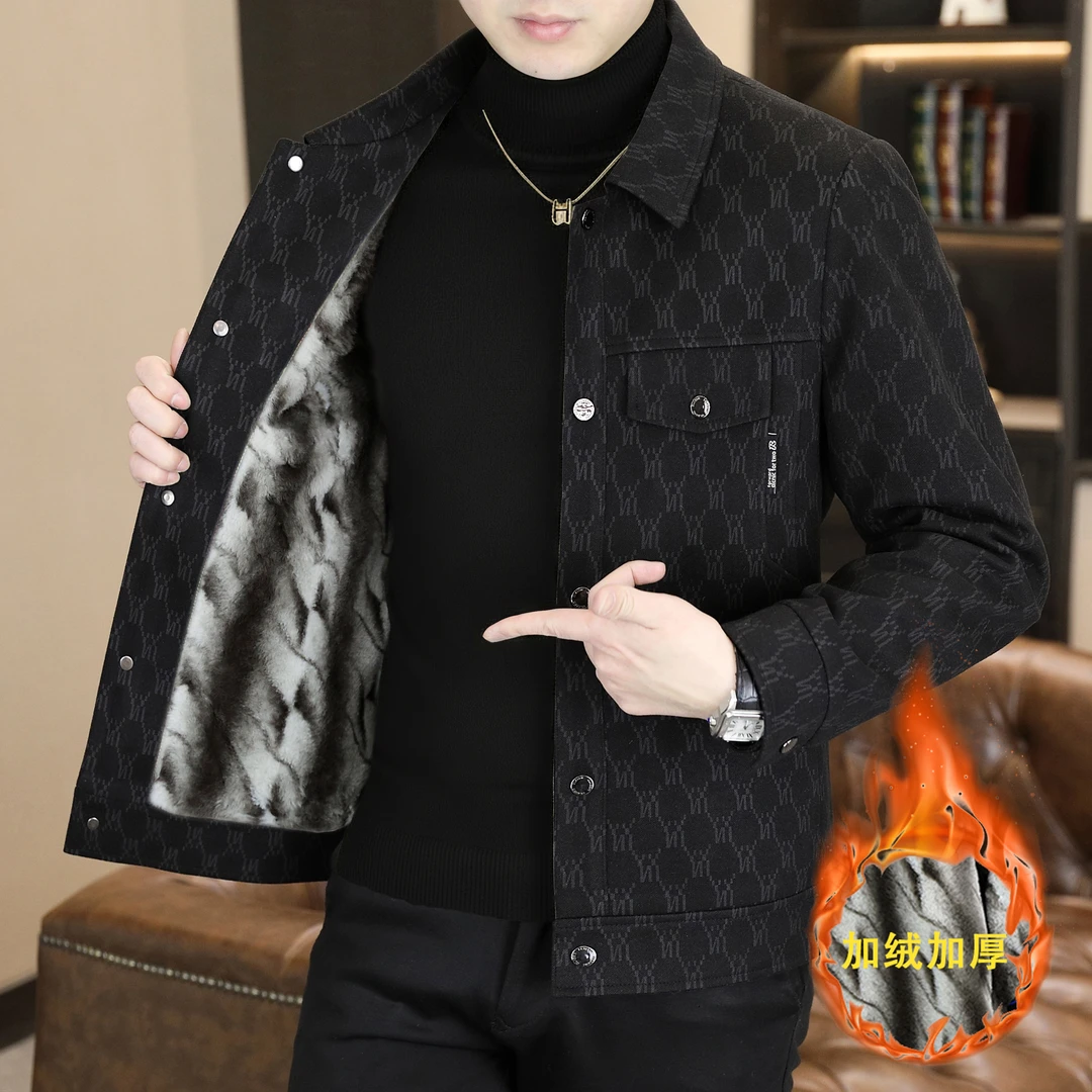 2025加绒加厚男士夹克外套新款翻领上衣百搭韩版百搭时尚秋冬装