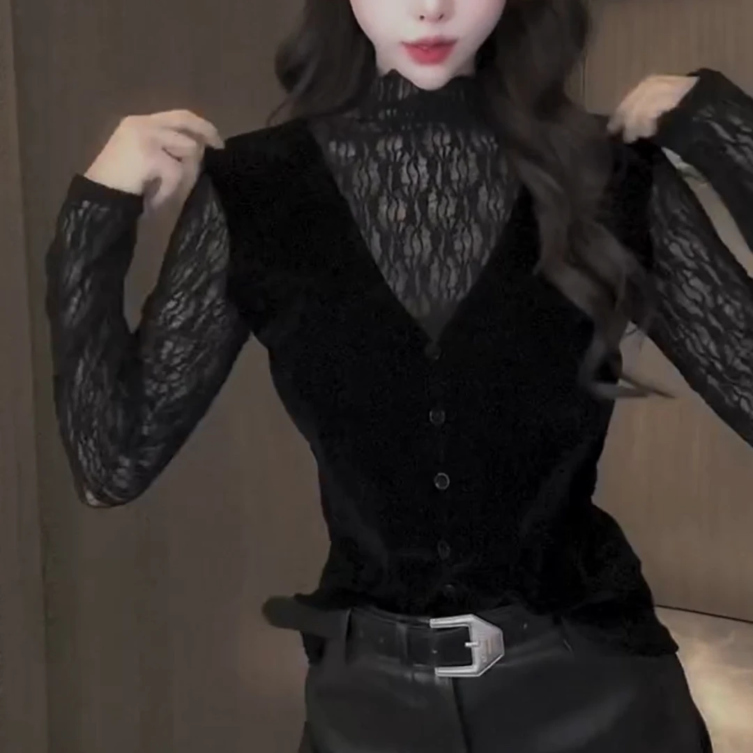 新款正反两穿蕾丝拼接丝绒修身短款收腰显瘦打底上衣