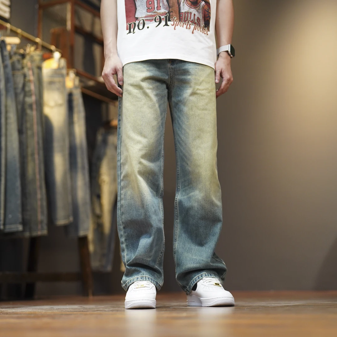 1901大直筒复古猫须做旧简约百搭无弹宽松男士大直筒牛仔裤