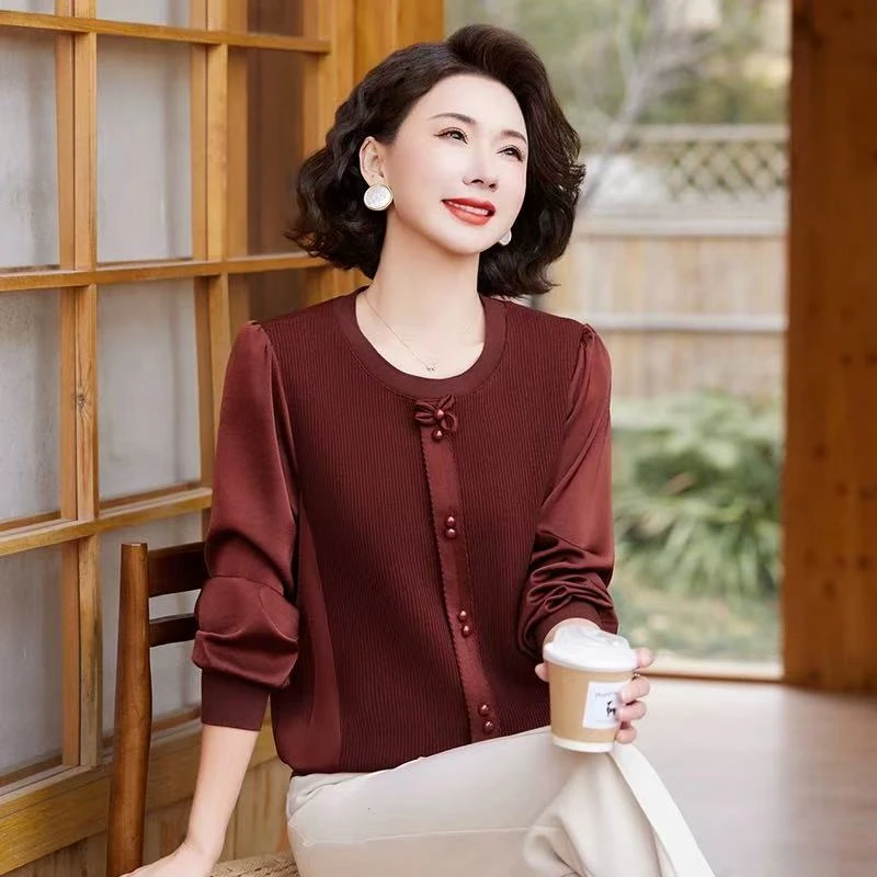 妈妈小衫春秋时尚洋气长袖T恤2025新款中老年女春装针织打底上衣