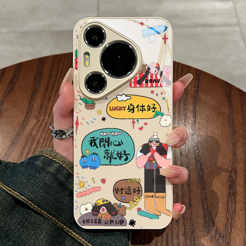 适用华为pura80pro+手机壳好运涂鸦玻璃p70ultra防摔p60个性小众