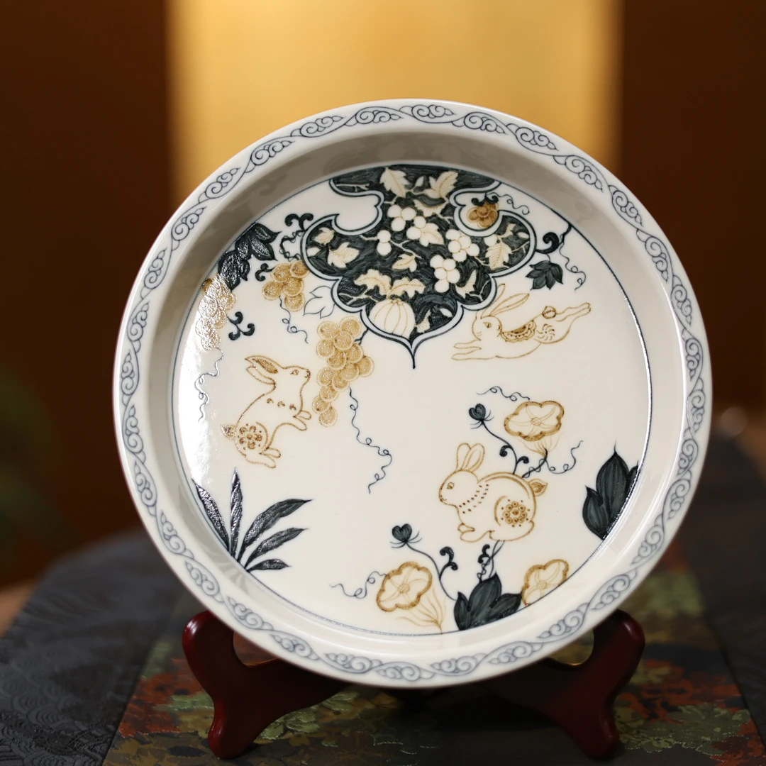 【汪汪茶器】立勤堂青花釉里金如意葡萄兔子壶承（YLJ-HC-007）