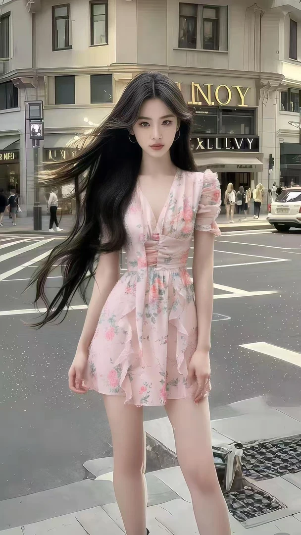 时尚休闲风粉色碎花V领短袖修身收腰连衣裙女时尚气质减龄短裙