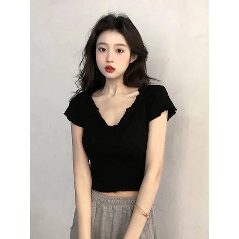 胖mm大码纯欲v领短袖正肩T恤女装夏季2025年新款修身显瘦短款上衣