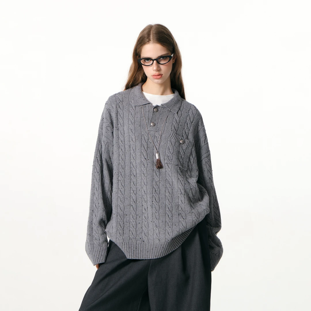 FORNINES老钱风翻领毛衣男女复古POLO领针织衫秋冬慵懒休闲毛线衣