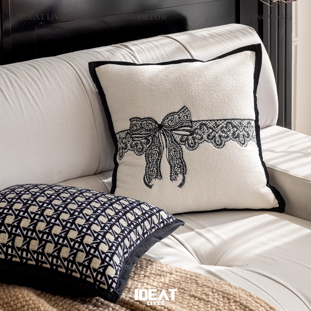 黑白复古沙发抱枕抱枕套黑色蝴蝶结刺绣靠枕床头飘窗装饰靠枕垫背