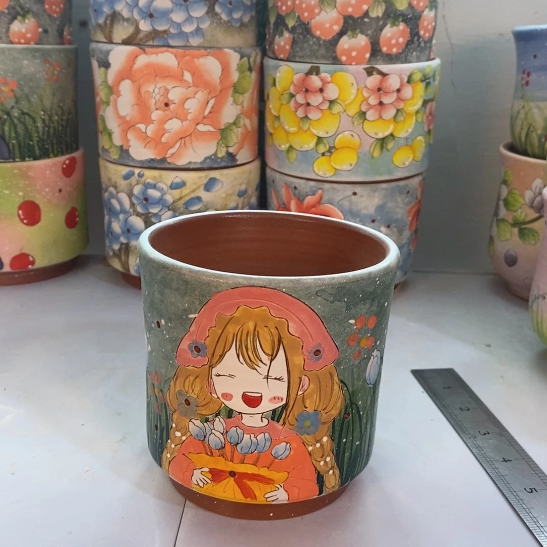 紫砂花盆小*红陶手绘花盆