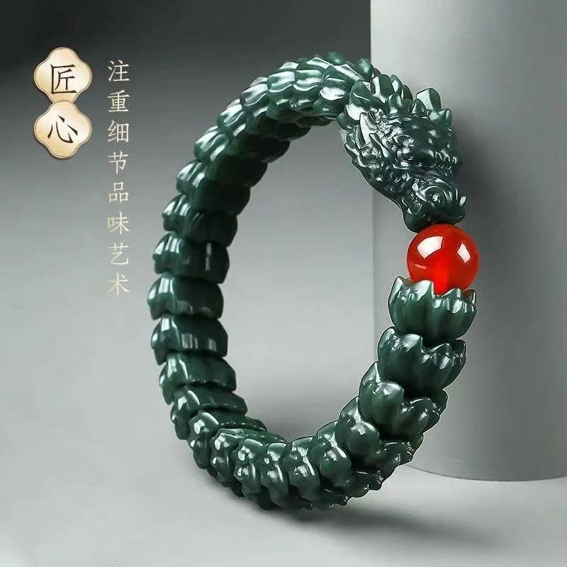 保真新款和田玉手链男款上等黑青龙手串立体精雕龙鳞复古男款单圈