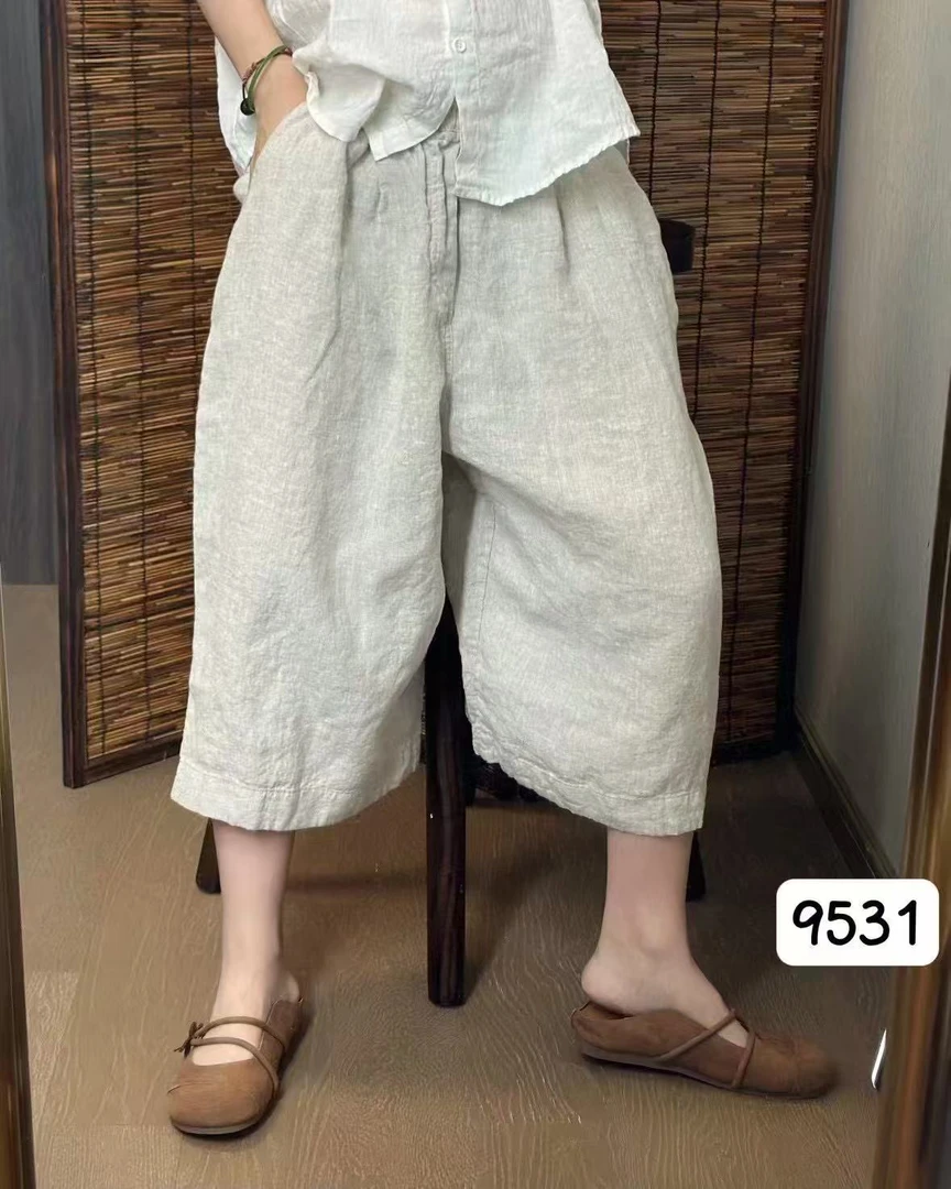 9531亚麻夏季女休闲裤百搭显瘦阔腿七分短裤