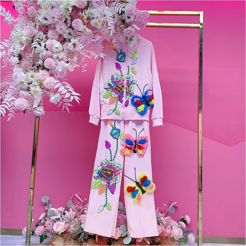 QD1540欧美设计师2025冬季新款重工钉钻刺绣花朵蝴蝶套装女