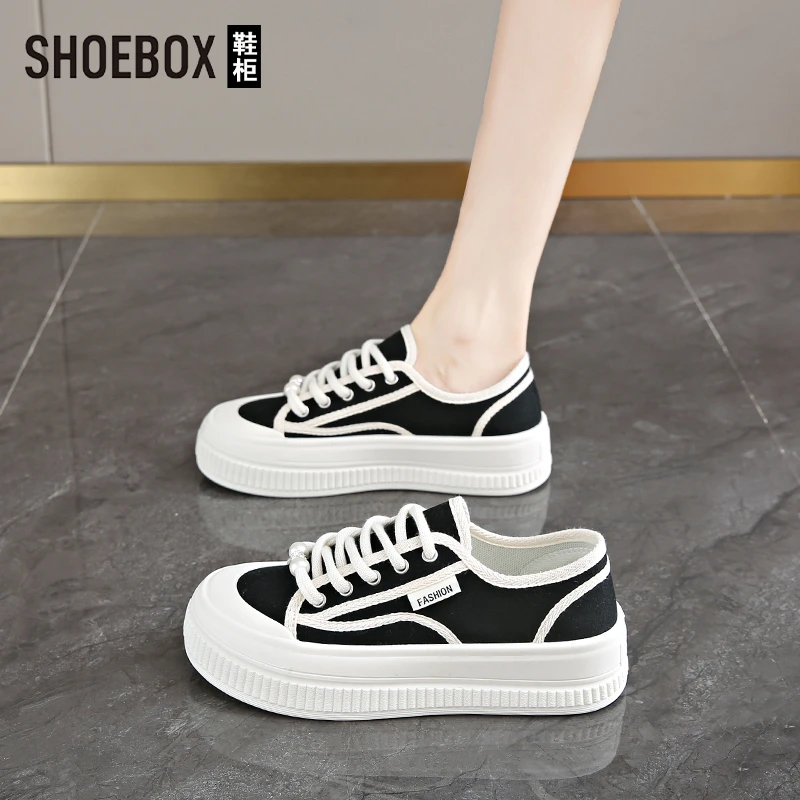 SHOEBOX鞋柜小香风帆布鞋女2025年春秋新款厚底显脚小休闲板鞋